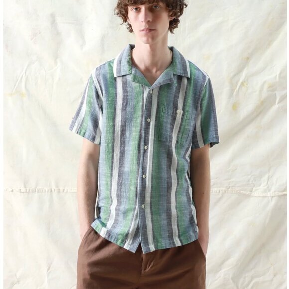 Far Afield Navy/ Green Stripe Selleck Shirt -NWT - Picture 4 of 5